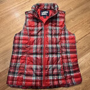 Lands End Feather/ Down Vest Womens M Tartan Red Plaid Puffer Jacket Preppy
